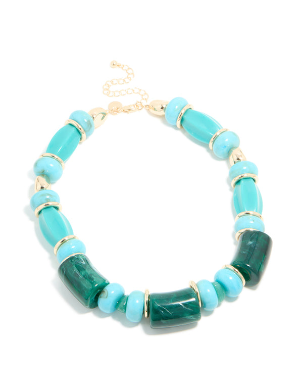 Aqua & Turquoise Acrylic Beaded Square & Round Chunky Necklace