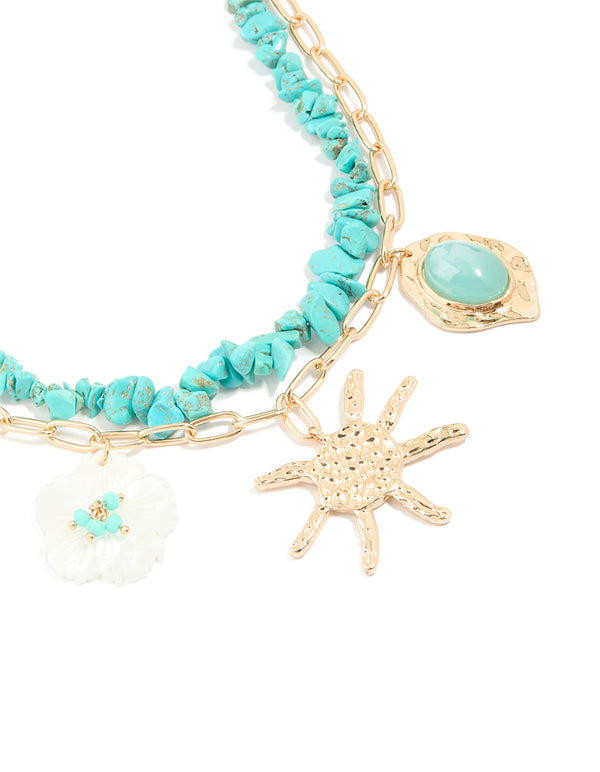 Gold Turquoise Beaded & Beach Charm Layered Necklace