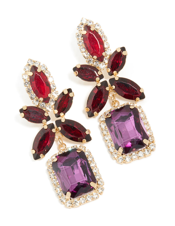 Elegantly crafted gold red and purple diamante flower square drop earrings front view