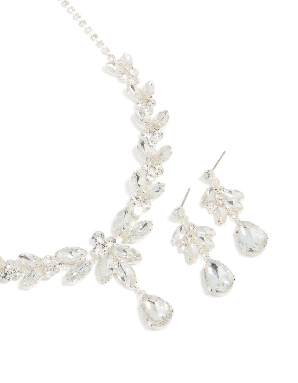 Silver Diamante Shiny Floral Necklace & Drop Earrings Set