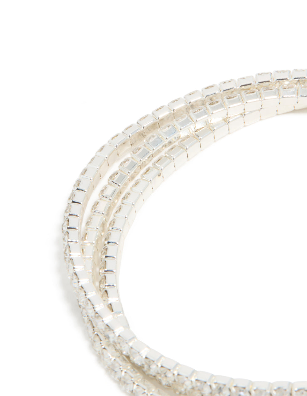 Presenting a silver diamante simple loop stretch bracelet in close up view
