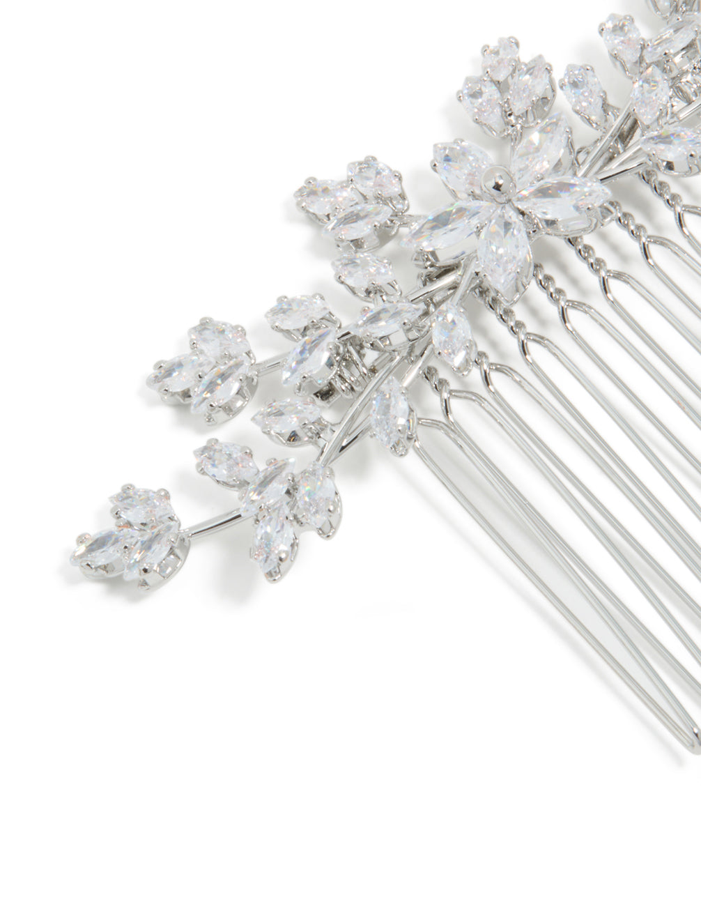 Crafted with silver diamante dainty hair comb with floral accents detail view