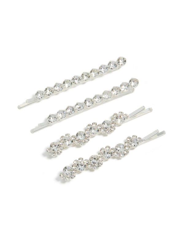 Silver Diamantes Hair Clips 4-Pack
