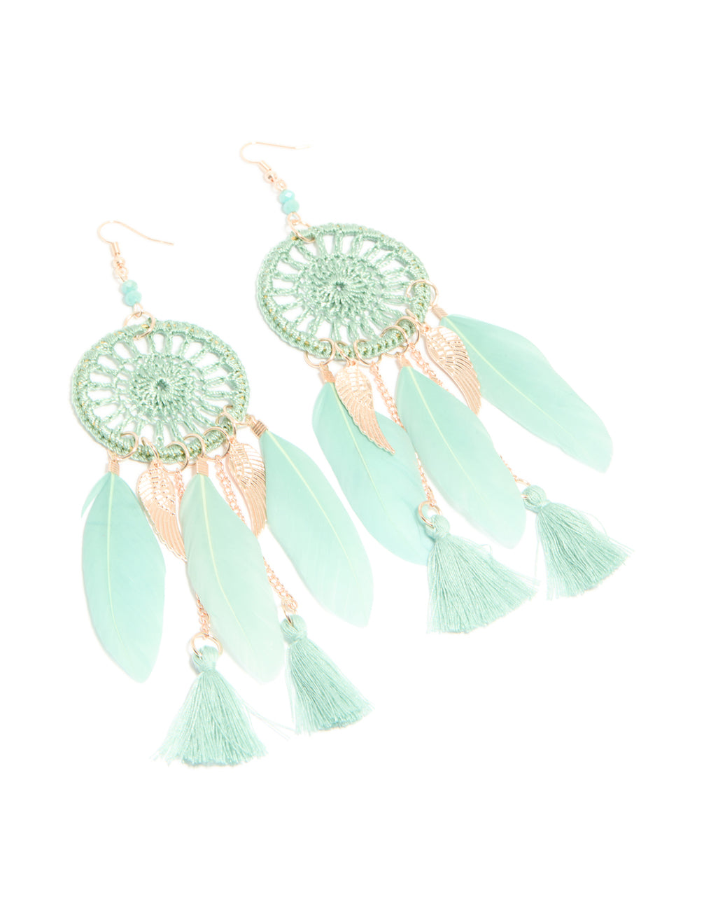 Aqua Feather Dreamcatcher Drop Earrings