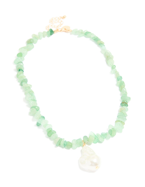 Gold Green Semi Precious Chip & Molten Pearl Necklace