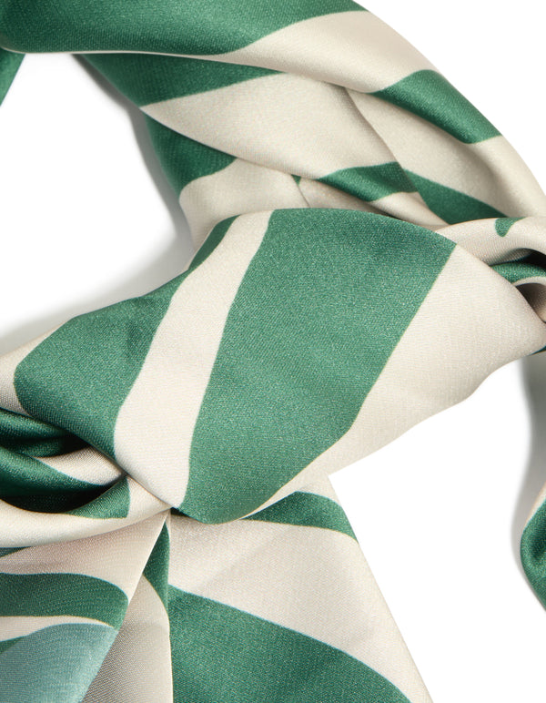 Beautifully crafted green and white boho lined fabric scarf featuring abstract print in darkseagreen, ivory, and teal shades detail view