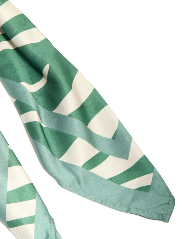 Beautifully crafted green and white boho lined fabric scarf featuring abstract print in darkseagreen, ivory, and teal shades detail view