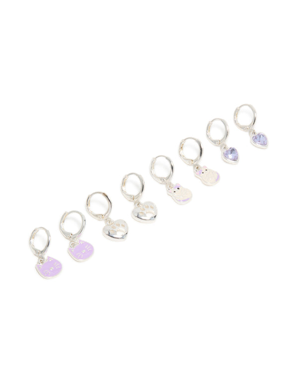 Kids Silver Cat & Paw Huggie Earrings 4-Pack