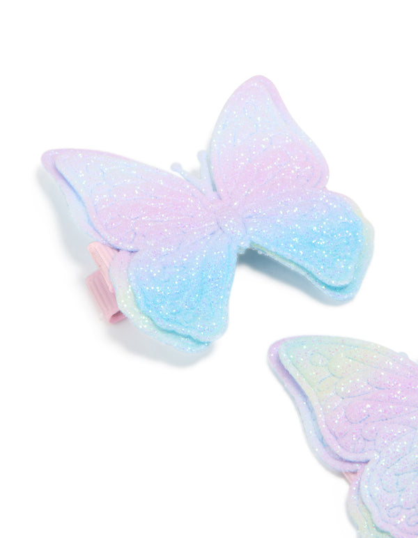 Kids Blue Green Purple Ombre Fabric Butterfly Clips 2-Pack