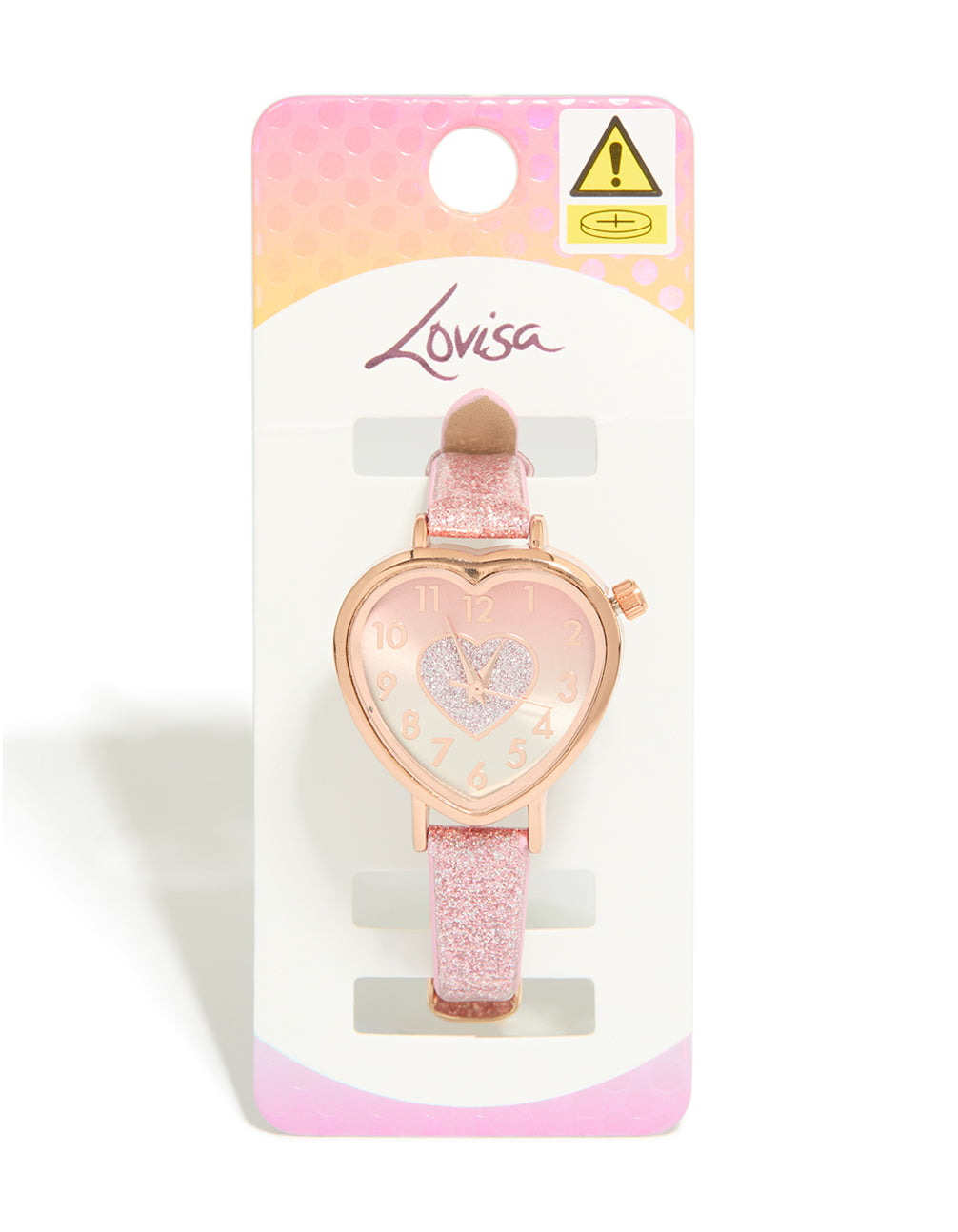 Showcasing a kids’ pink glitter PU leather heart watch for women, featuring an analog number display, designed for casual occasions with a detailed view of the watch case view