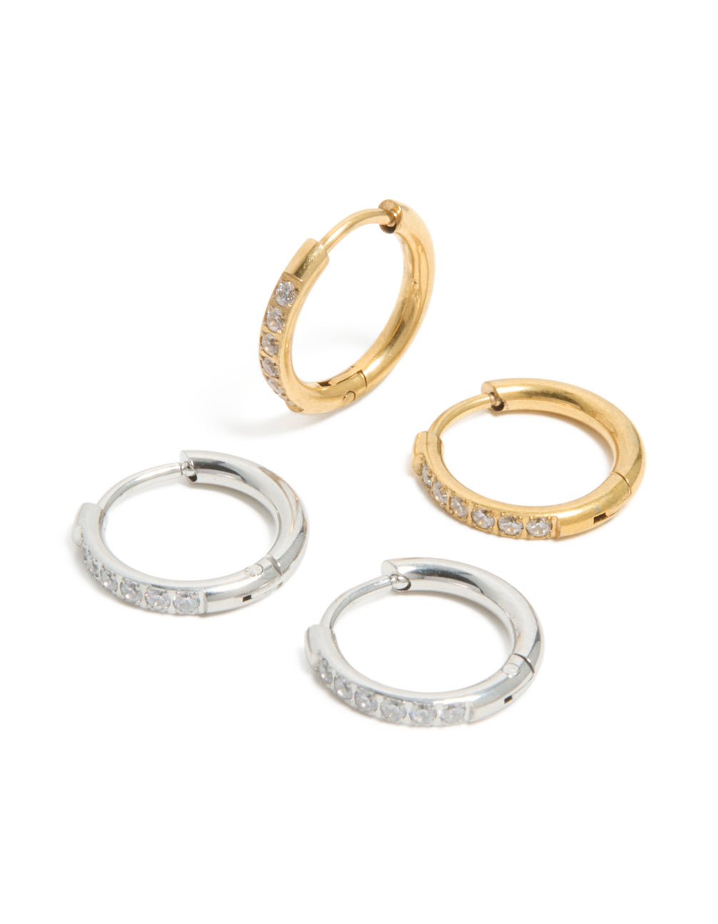Featuring waterproof thin pavé huggie earrings in a 2-pack with stainless steel and cubic zirconia, gold plated, silver and gold colors front view