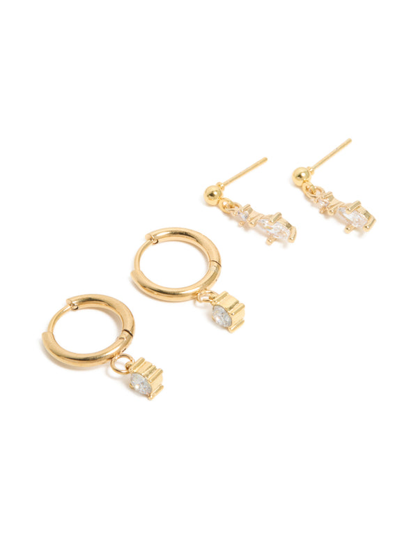 Waterproof Gold Plated Stainless Steel Cubic Zirconia Huggie & Drop Earrings 2-Pack