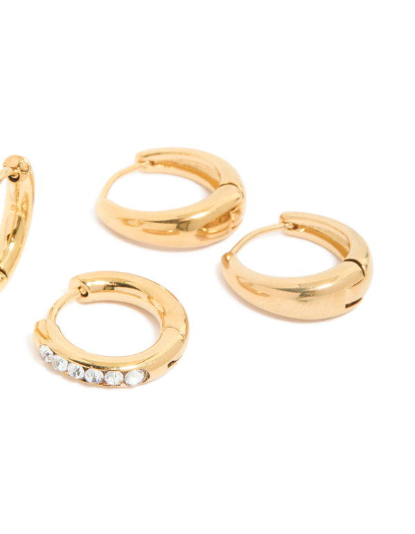 Waterproof Gold Plated Stainless Steel Pavé & Plain Huggies Earrings 3-Pack