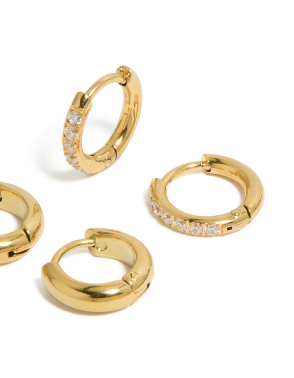 Waterproof Gold Plated Stainless Steel Cubic Zirconia Pavé & Plain Huggie Earrings 2-Pack