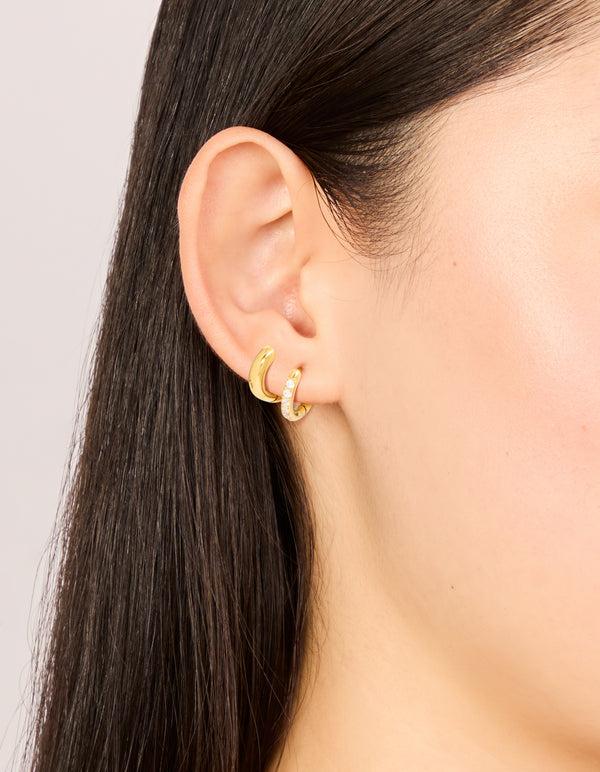 Waterproof Gold Plated Stainless Steel Cubic Zirconia Pavé & Plain Huggie Earrings 2-Pack