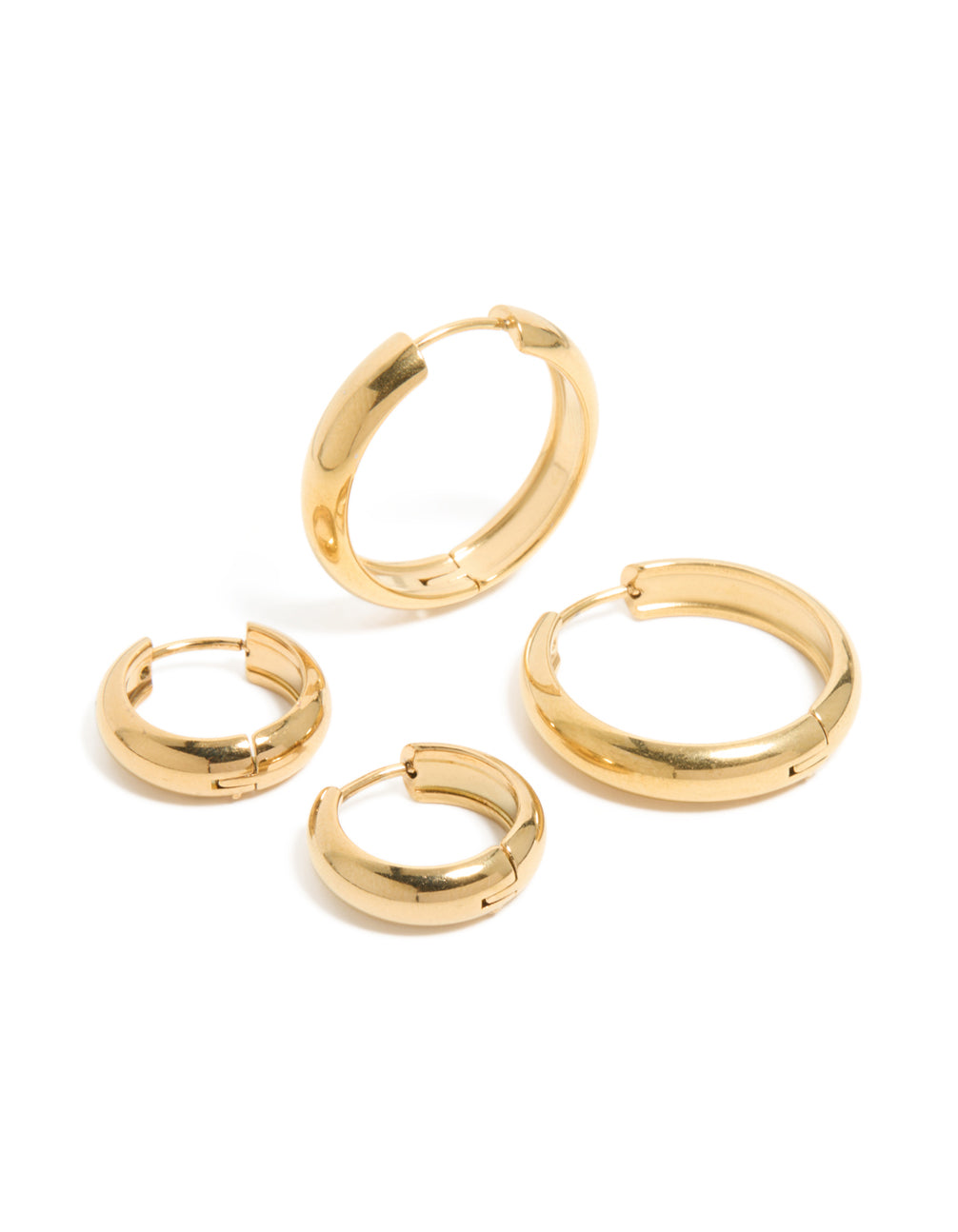 Crafted from waterproof gold plated stainless steel, these thick, small and large hoop earrings in a 2-pack with chunky statement design in a front view