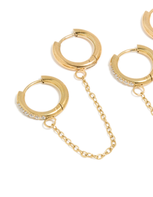 Presenting waterproof chain link huggie earrings in a 2-pack, with gold plated stainless steel and cubic zirconia in close up view