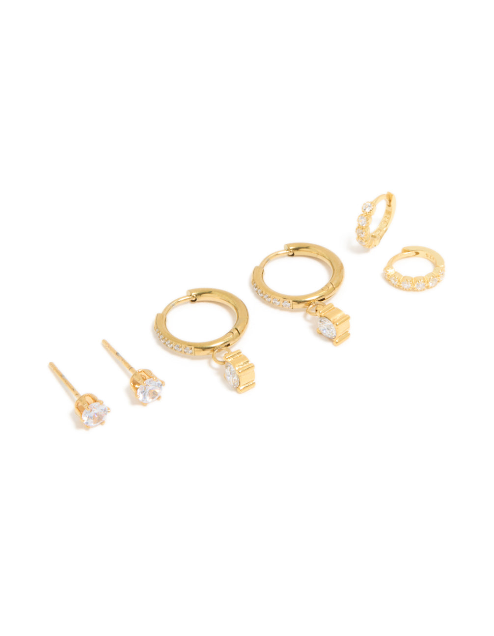 Beautifully crafted waterproof gold plated stainless steel cubic zirconia stud and huggie earrings in a 3-pack featuring crystal front view