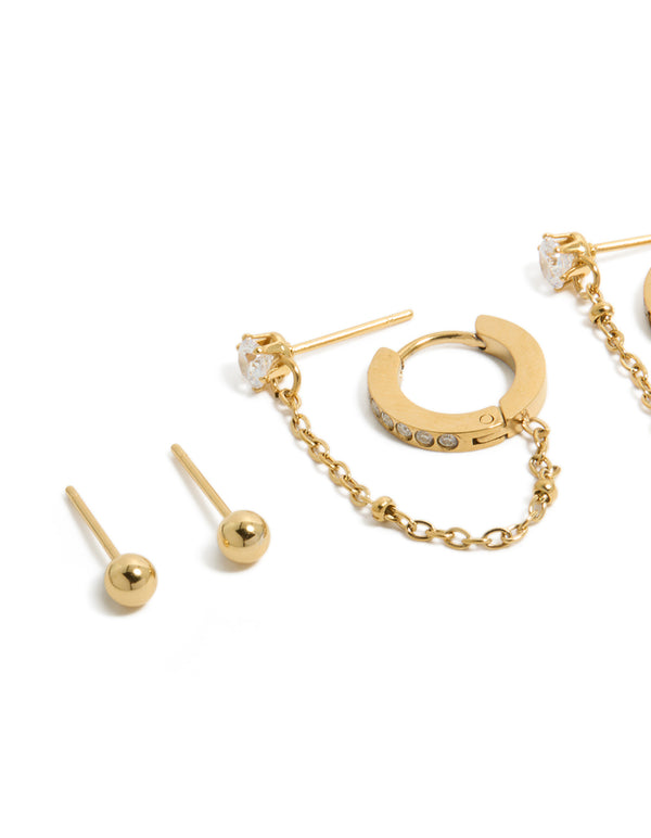 Elegant waterproof gold plated stainless steel studs and chain earrings 4-pack crafted with charm accents, cubic zirconia, huggie closures in white close up view
