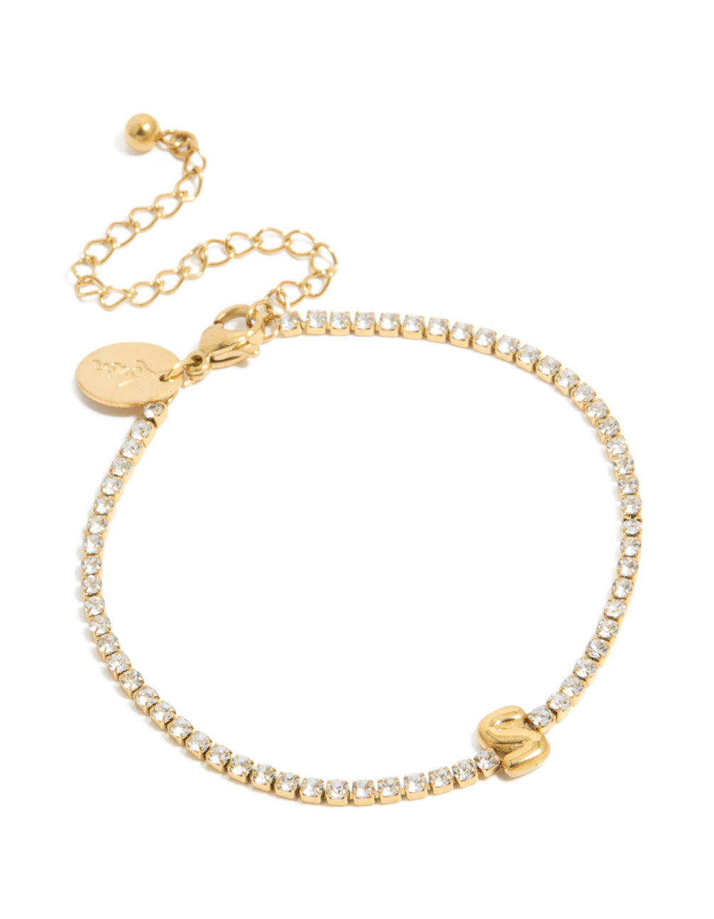 Beautifully crafted waterproof gold plated stainless steel cubic zirconia letter S tennis bracelet front view