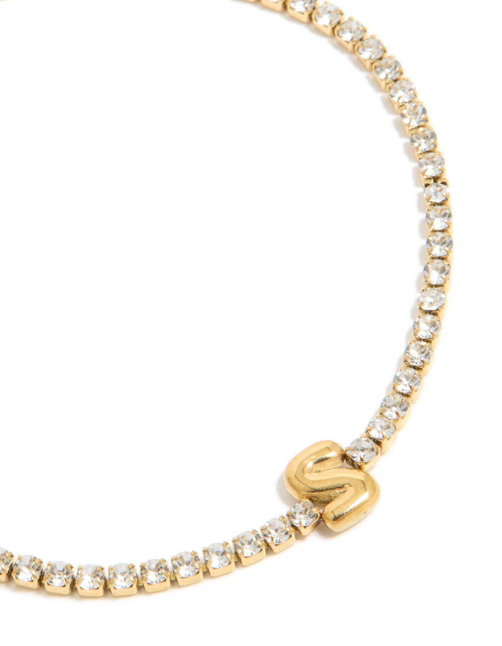 Highlighting waterproof gold plated stainless steel cubic zirconia letter S tennis bracelet close up view