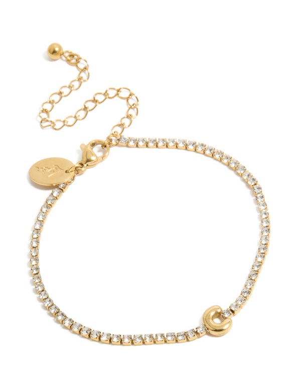 A waterproof gold plated stainless steel tennis bracelet featuring cubic zirconia stones with letter C initial in front view