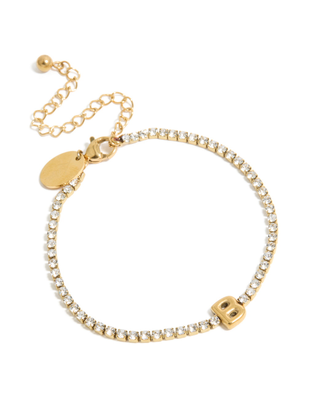 Discover a waterproof gold plated stainless steel cubic zirconia tennis and letter B initial bracelet in front view