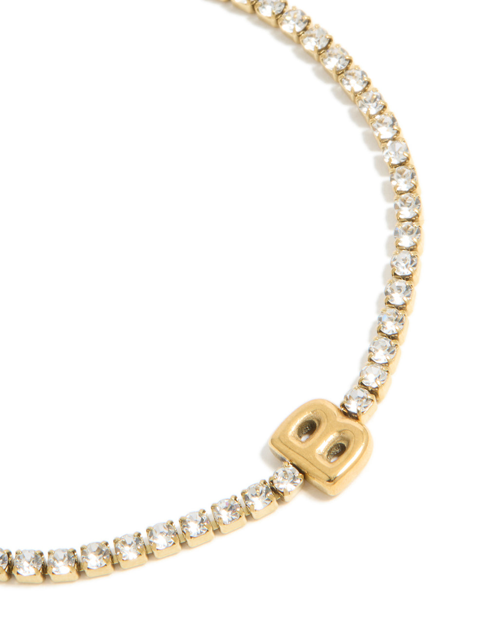 Featuring a waterproof gold plated stainless steel cubic zirconia tennis and letter B initial bracelet in close up view