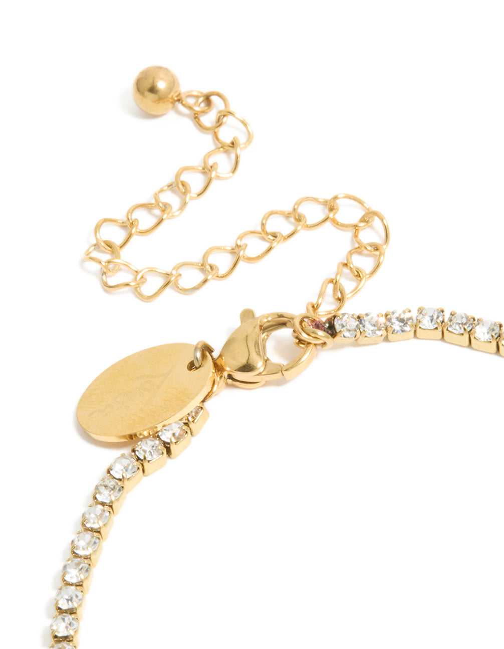 Explore a waterproof gold plated stainless steel cubic zirconia tennis and letter B initial bracelet in closure detail view