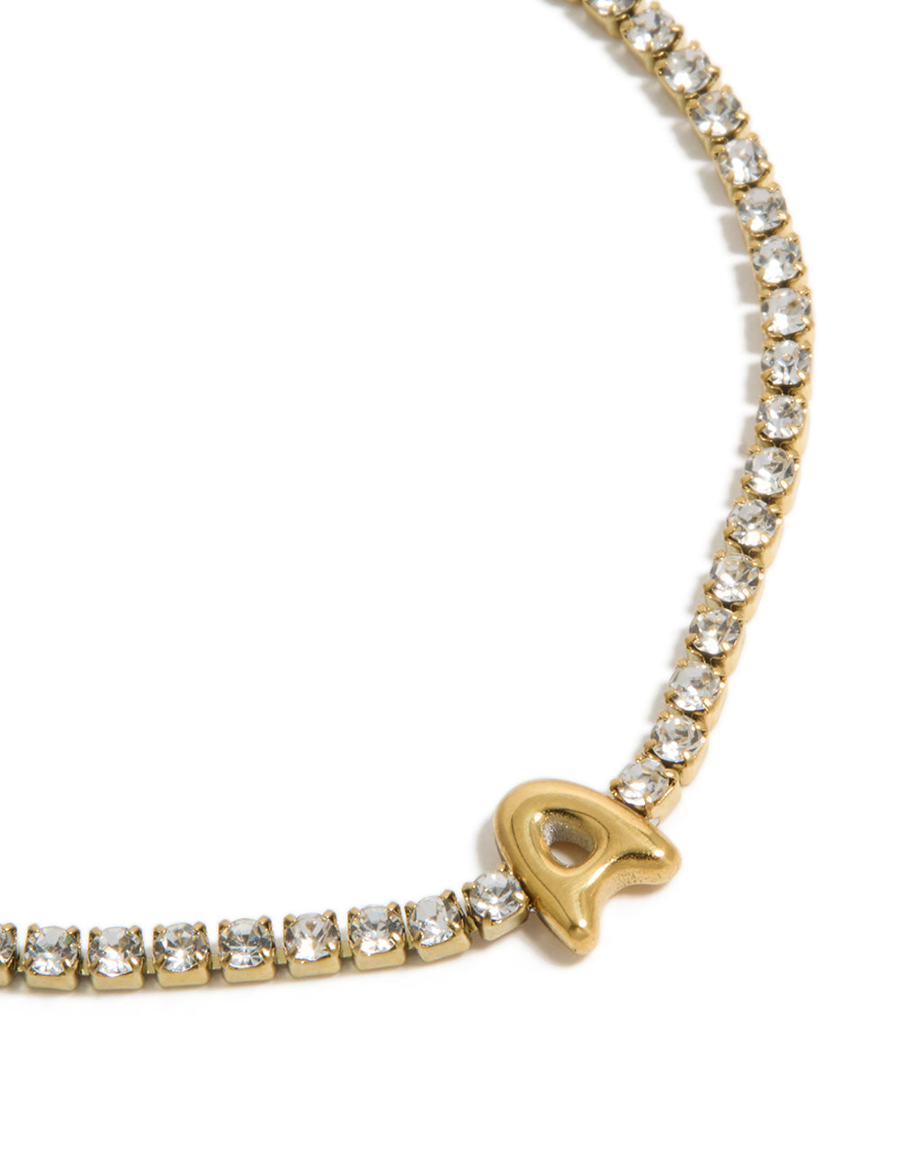 Detailed view of waterproof gold plated stainless steel tennis bracelet highlighting cubic zirconia stones and letter A initial in close up view