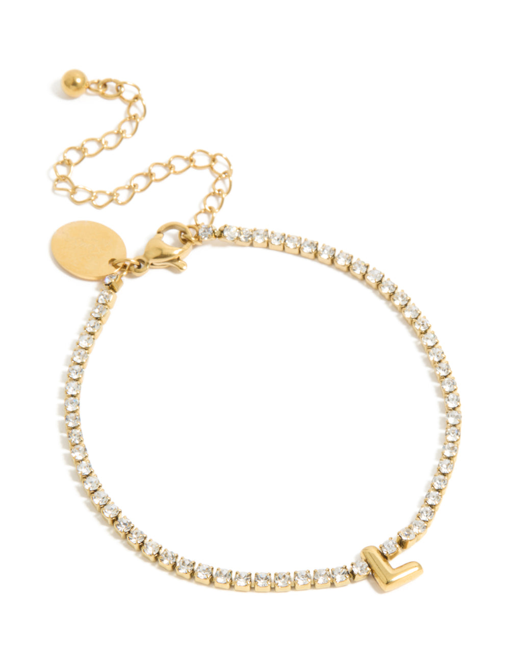 Discover a waterproof gold plated stainless steel cubic zirconia tennis letter L bracelet featuring initials in dainty statement style front view