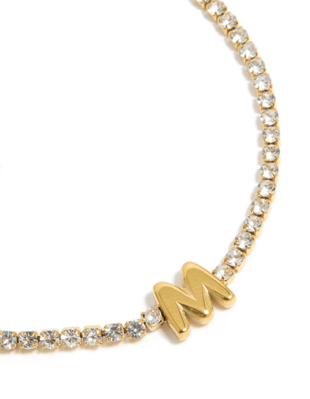 Highlighting waterproof gold plated stainless steel cubic zirconia with letter M initial tennis bracelet in close up view