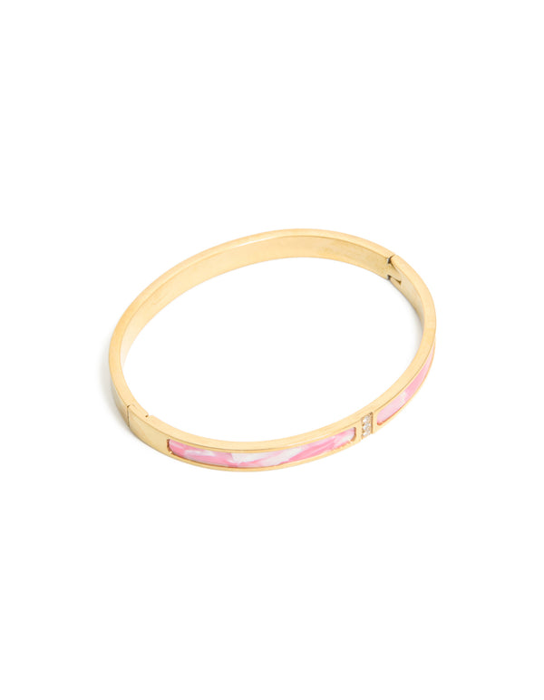 Waterproof Gold Plated Stainless Steel Pink Pearlised Inlay Hinged Bangle