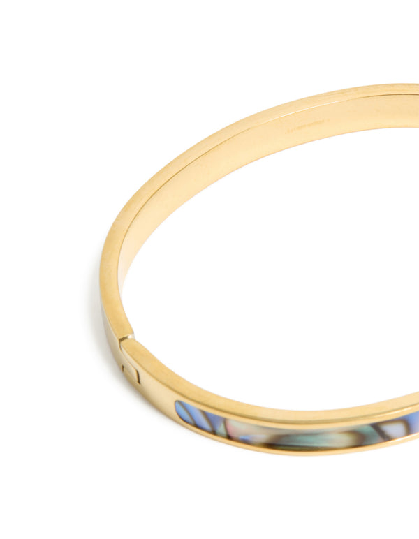 Waterproof gold plated stainless steel hinged bangle in blue and green pearlised inlay in closure detail view