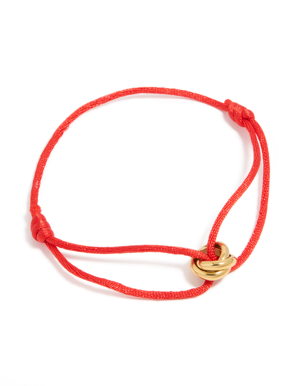 Showcasing a waterproof adjustable bracelet with gold plated stainless steel and red cord front view