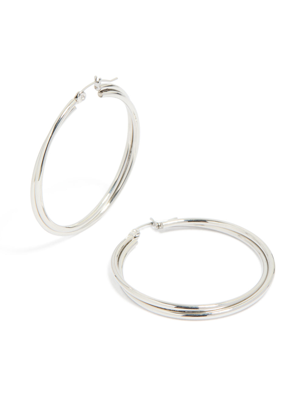 A pair of surgical steel crossover hoop earrings crafted in silver 40 MM front view