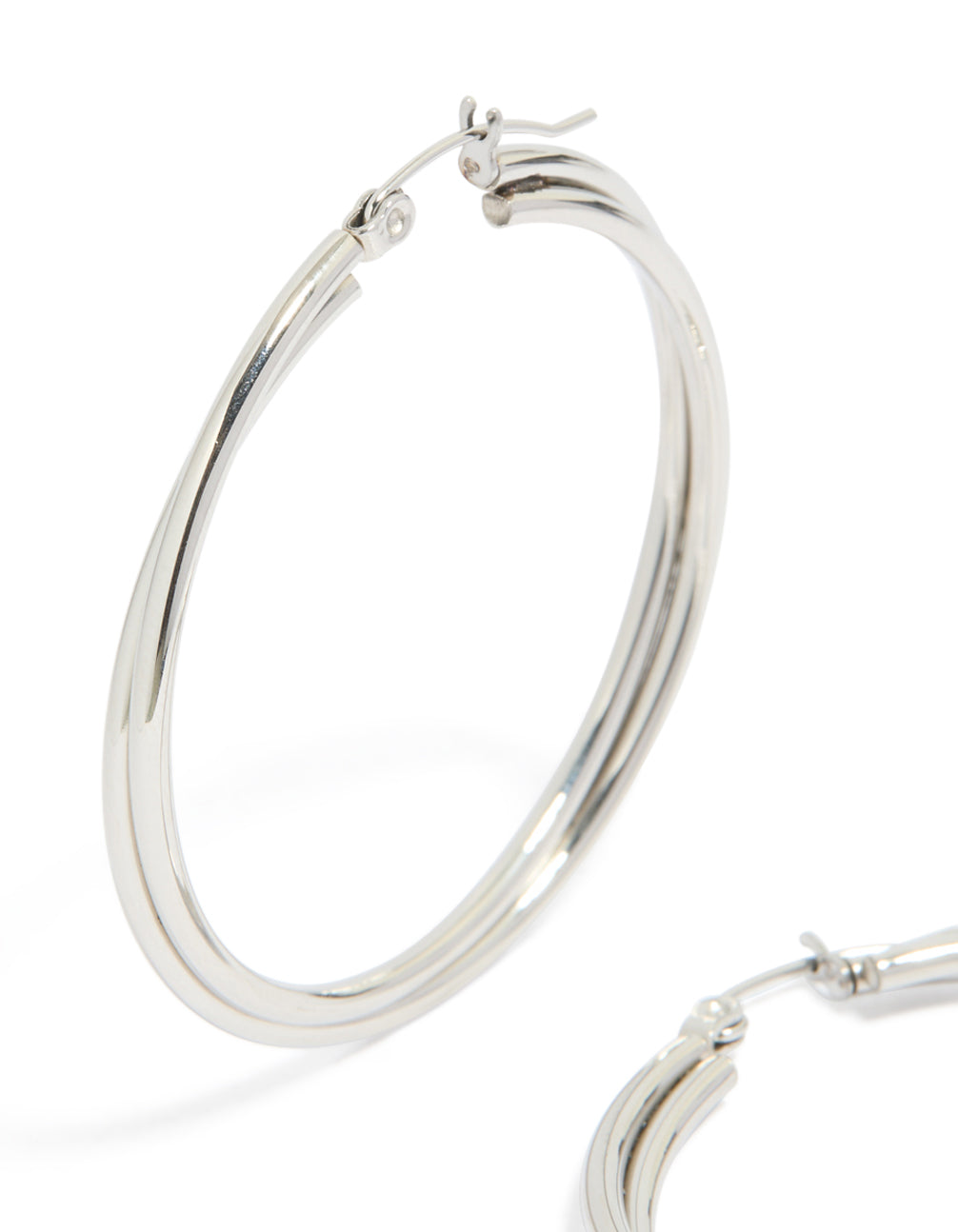Designed with surgical steel crossover hoop earrings in silver 40 MM post detail view