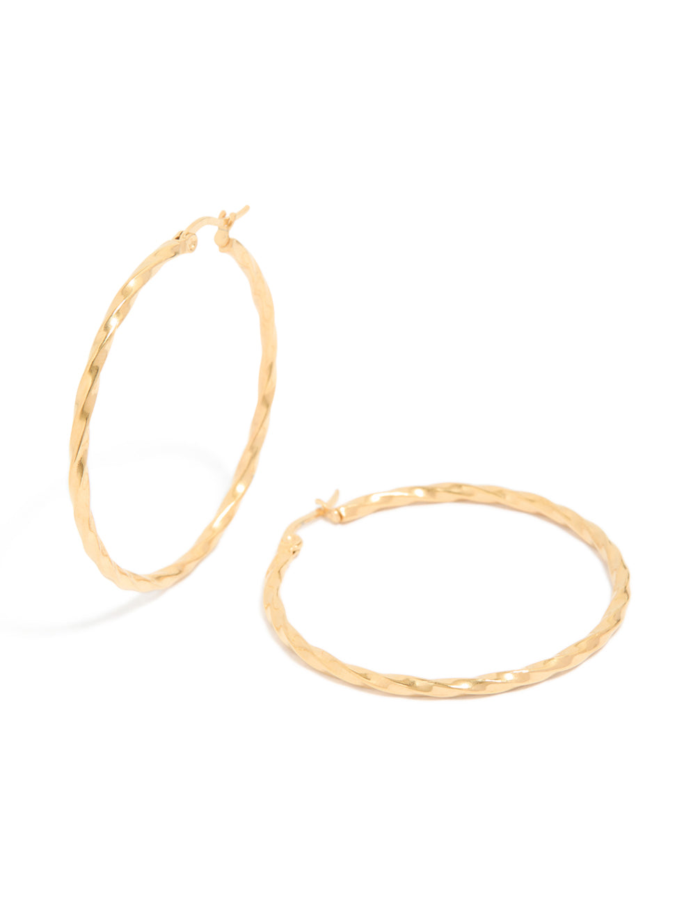 Showcasing gold plated surgical steel textured hoop earrings in 40 MM front view