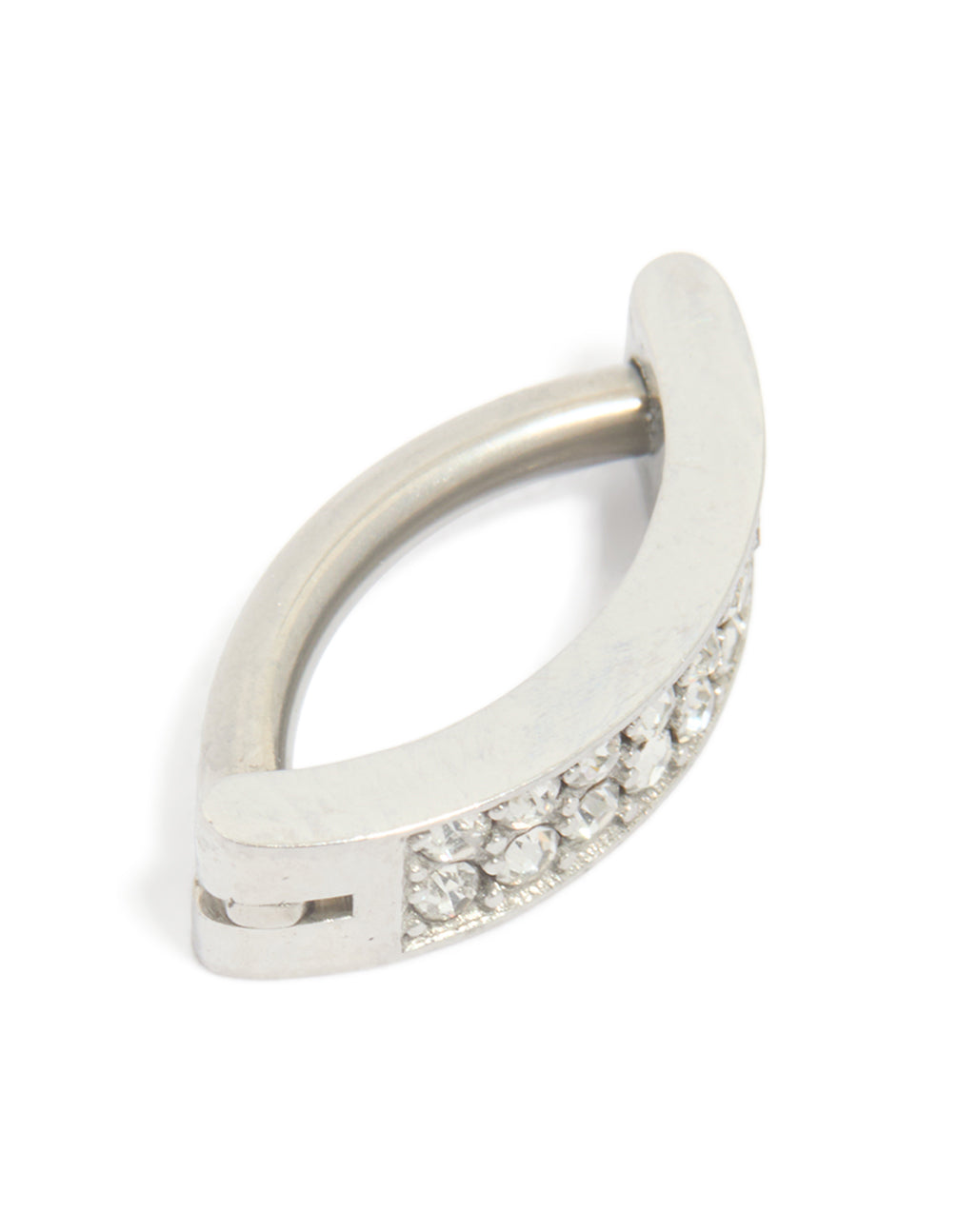 Designed with a titanium cubic zirconia cluster curved ring belly ring, in silver side view