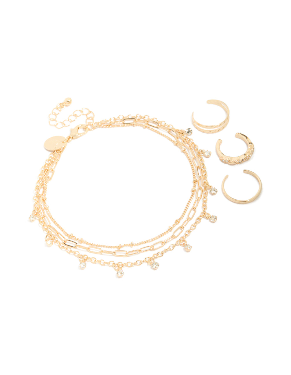 Gold Diamante Chain Anklet & Toe Rings Set