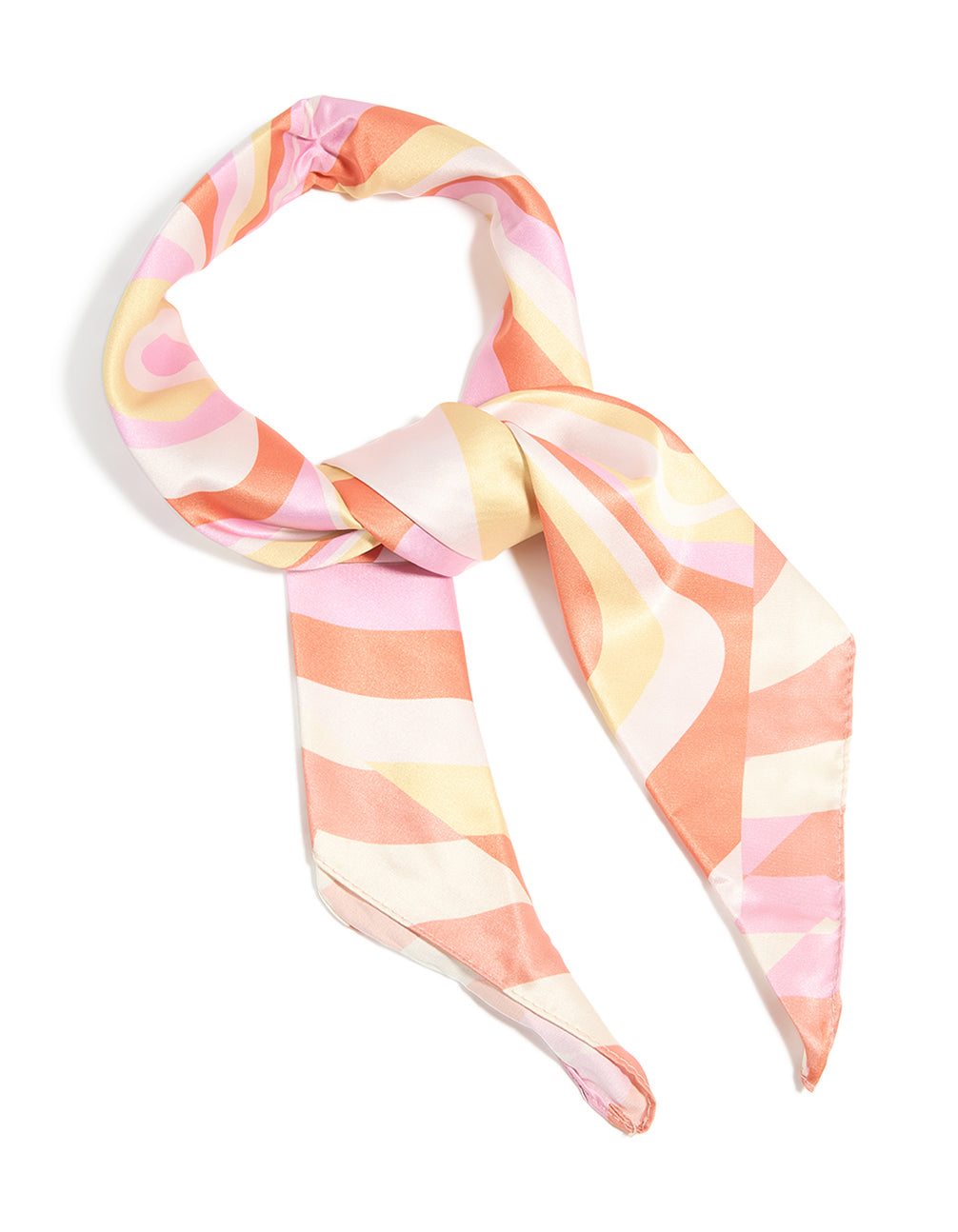 Showcasing a surreal summer fabric scarf with abstract print in pink, coral, light yellow, and ivory front view