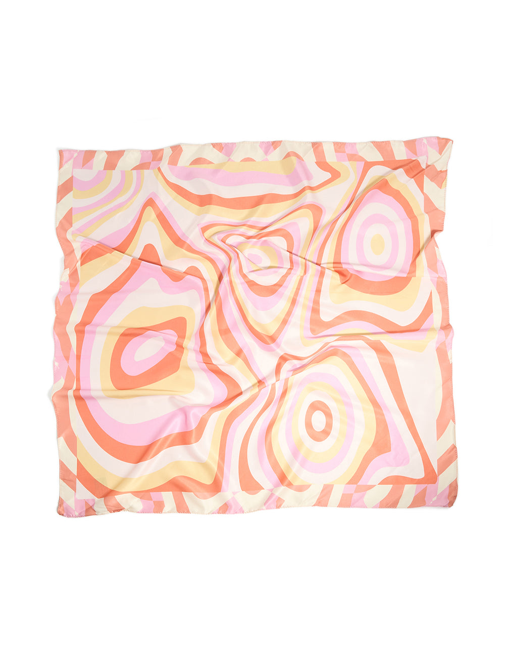 Featuring a surreal summer fabric scarf with abstract print in pink, coral, light yellow, and ivory side view