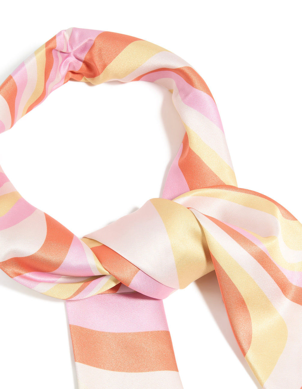 Designed with abstract print in pink, coral, light yellow, and ivory surreal summer fabric scarf detail view
