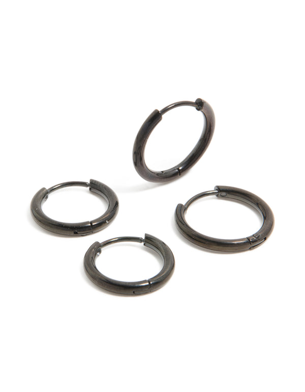 Featuring mens waterproof black coated stainless steel huggie earrings in a 2-pack front view