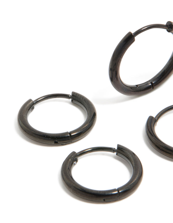 Designed with waterproof black coated stainless steel, these mens huggie earrings in a 2-pack feature close up detail view