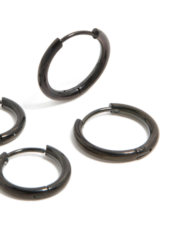 Highlighting mens waterproof black coated stainless steel huggie earrings in a 2-pack post detail view