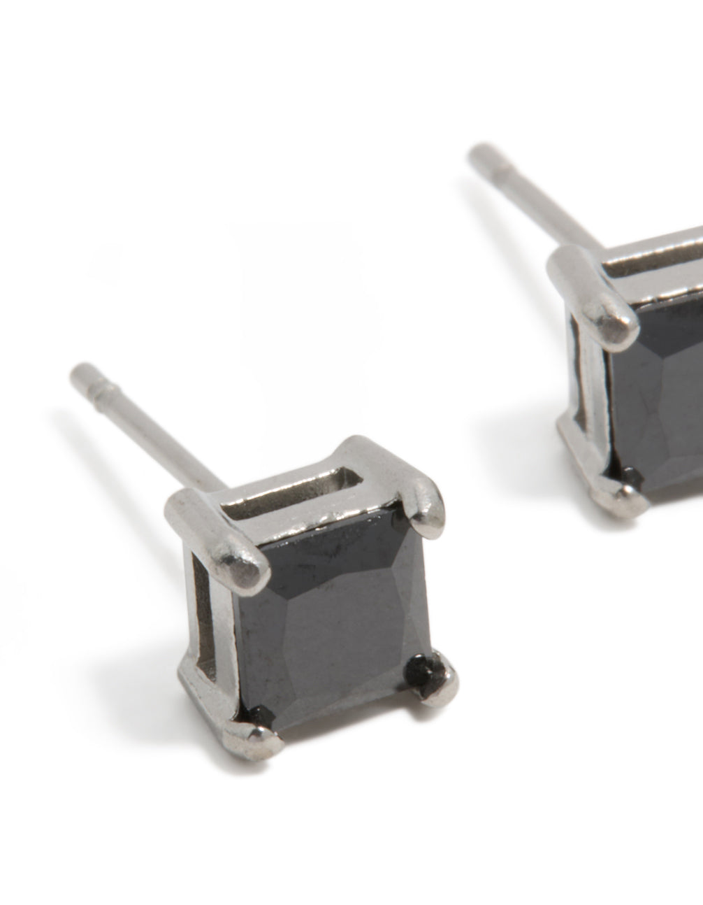 Highlighting mens waterproof stainless steel small square black cubic zirconia stud earrings in close up view