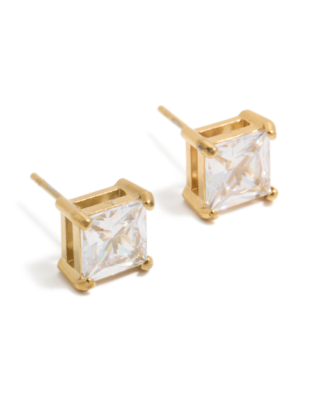 Showcasing mens waterproof large square stud earrings crafted from stainless steel with cubic zirconia in gold plated finish front view