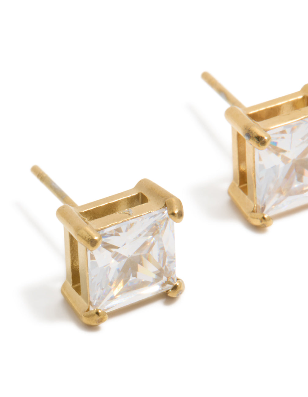 Highlighting mens waterproof large square stud earrings featuring stainless steel and cubic zirconia in gold plated finish close up view