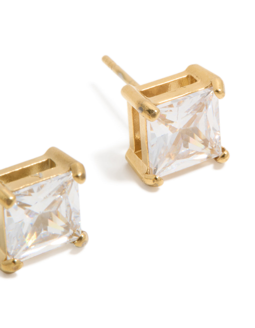 Detailed view of mens waterproof large square stud earrings with stainless steel and cubic zirconia in gold plated finish post detail view
